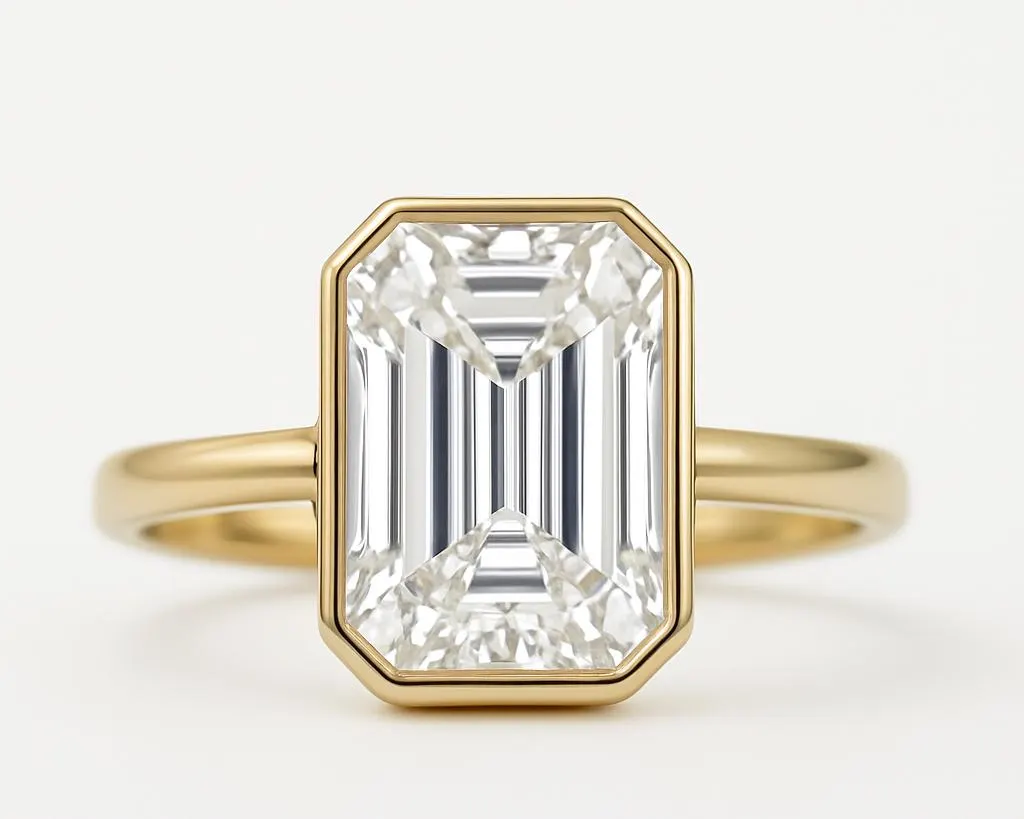 3 Ct. Diamond 14 Kt Gold (Yellow). Emerald Ring. (Women). Size 7