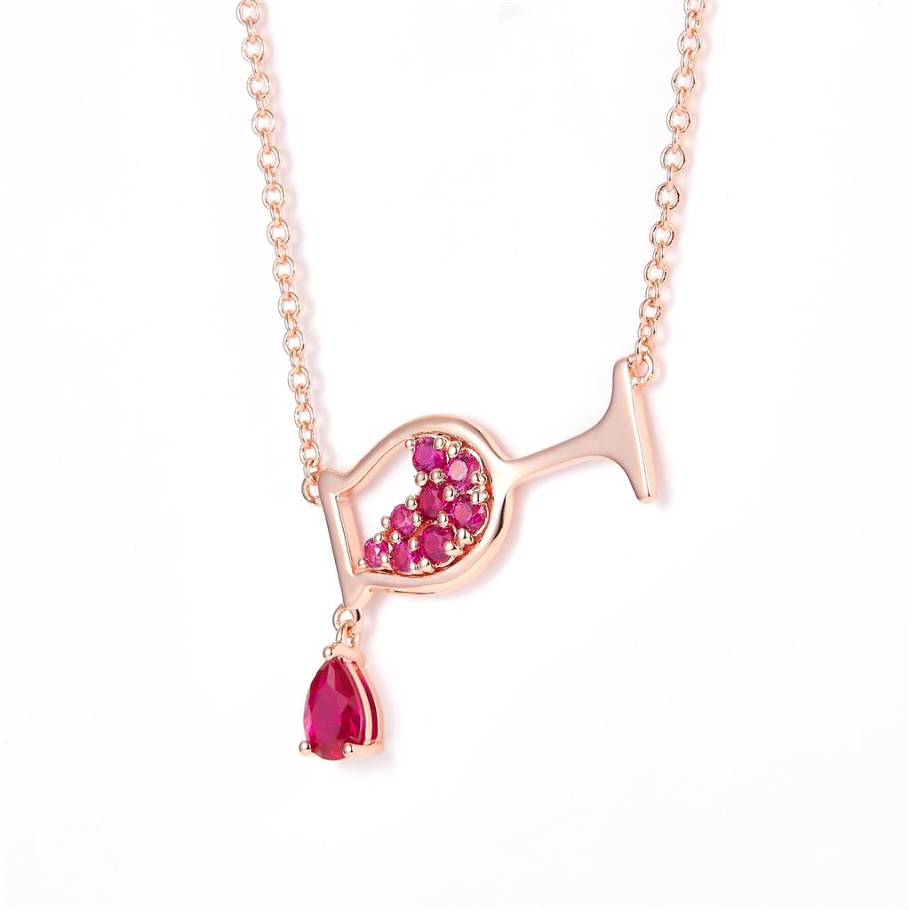 0.85 Ct. Moissanite Sterling Silver (Rosé). Champagne Glass Simulant Ruby & Sterling Silver Rose Gold Plated Necklace with Chain. Adjustable Length 15.5 to 17.5 in Pendant. (Women).