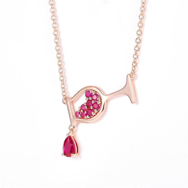 0.85 Ct. Moissanite Sterling Silver (Rosé). Champagne Glass Simulant Ruby & Sterling Silver Rose Gold Plated Necklace with Chain. Adjustable Length 15.5 to 17.5 in Pendant. (Women).