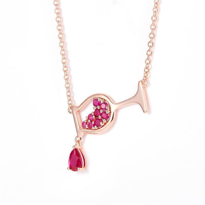 0.85 Ct. Moissanite Sterling Silver (Rosé). Champagne Glass Simulant Ruby & Sterling Silver Rose Gold Plated Necklace with Chain. Adjustable Length 15.5 to 17.5 in Pendant. (Women).