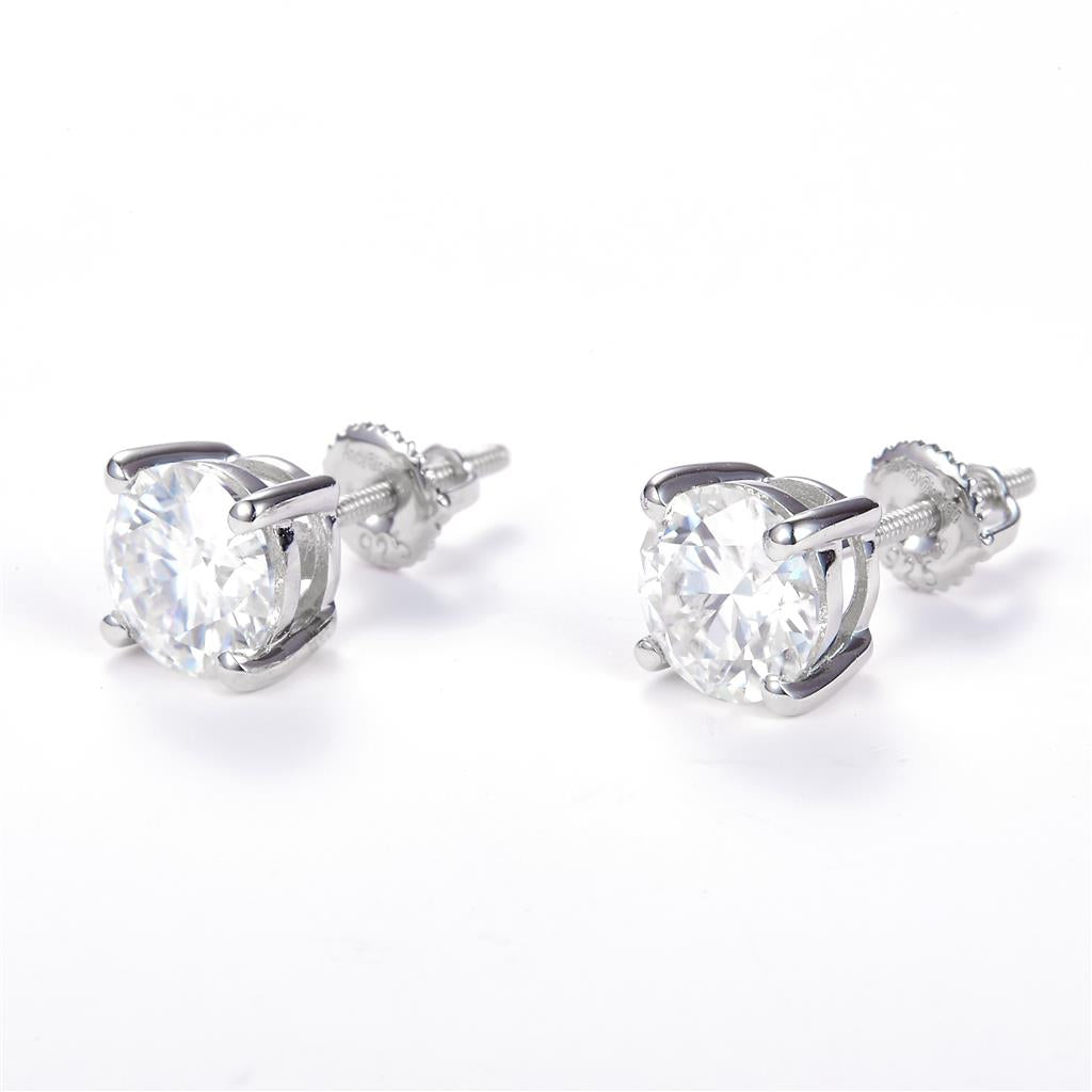 1.88 Ct. Moissanite 14 Kt Gold (White). Solitaire Studs Earrings. (Unisex).