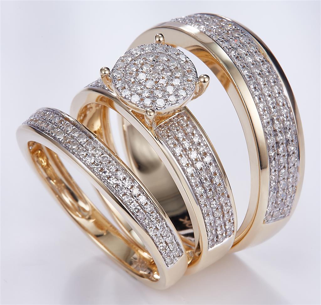 0.884 Ct. Diamond 10 Kt Gold (Yellow). Trio Set (Mens Band Size 10, Women Engag & Band) Wedding Set. Size 7.5