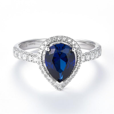 2.37 Ct. Moissanite Sterling Silver (White). Pear shaped Simulant Blue Sapphire Ring. (Women). Size 8