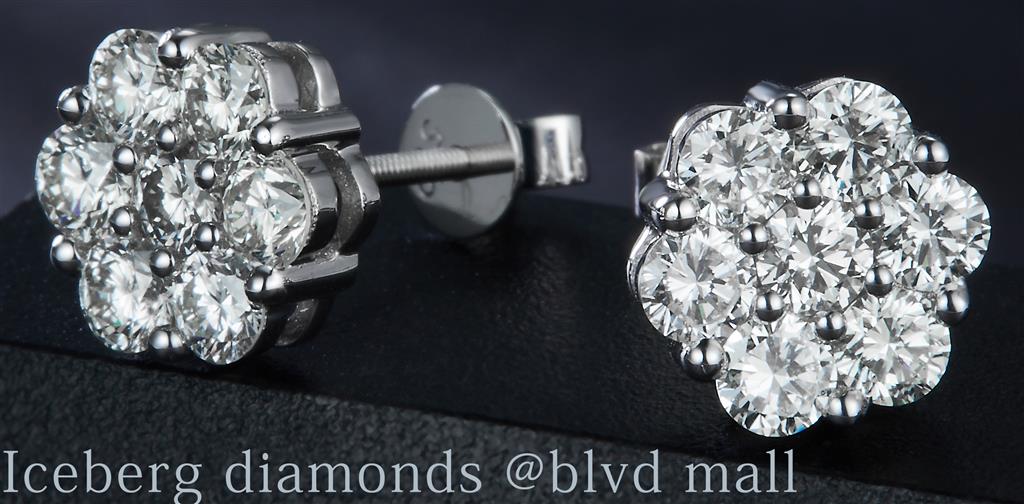 1.991 Ct. Diamond 14 Kt Gold (White). Flower Style Studs Earrings. (Unisex).