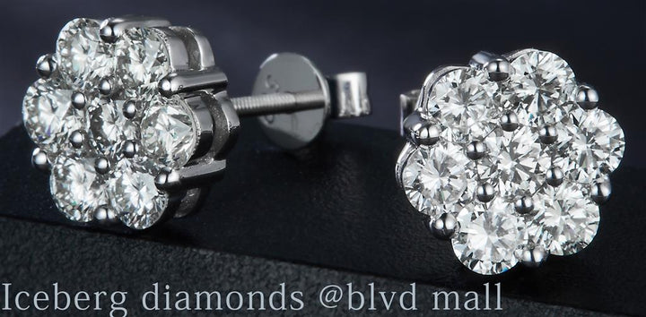 1.991 Ct. Diamond 14 Kt Gold (White). Flower Style Studs Earrings. (Unisex).