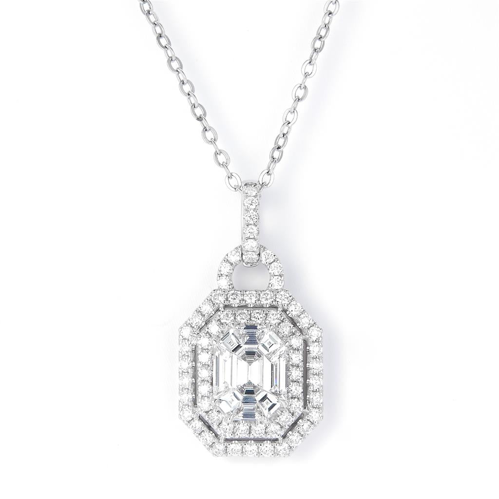 2 Ct. Diamond 18 Kt Gold (White). Emerald & Pie Cut Royalty/Princess Style Dangling Pendant. (Women).