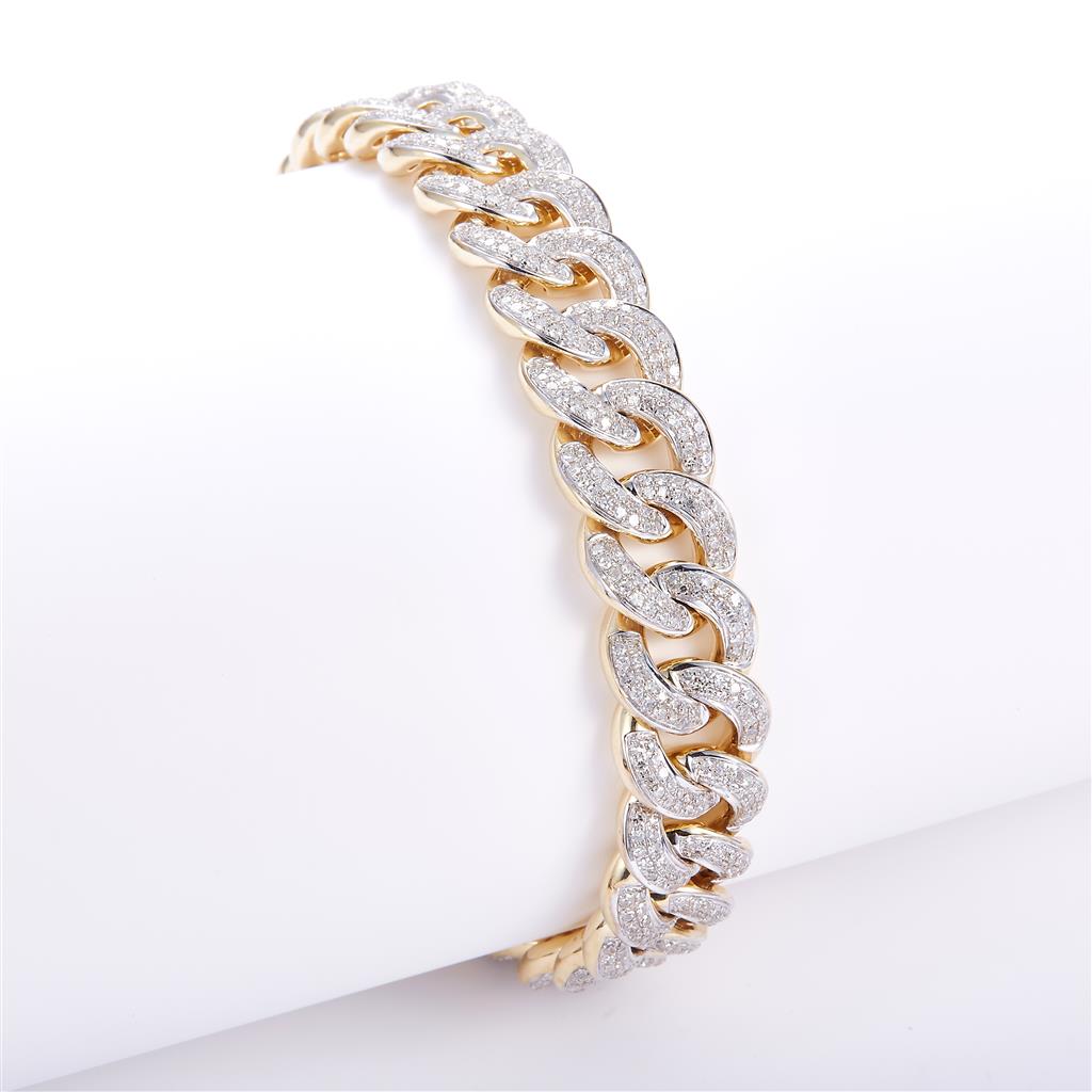 3.58 Ct. Diamond 10 Kt Gold (Yellow). Semi-Solid Cuban Link Bracelet. (Men). 8 in Long. 12.5 mm Wide