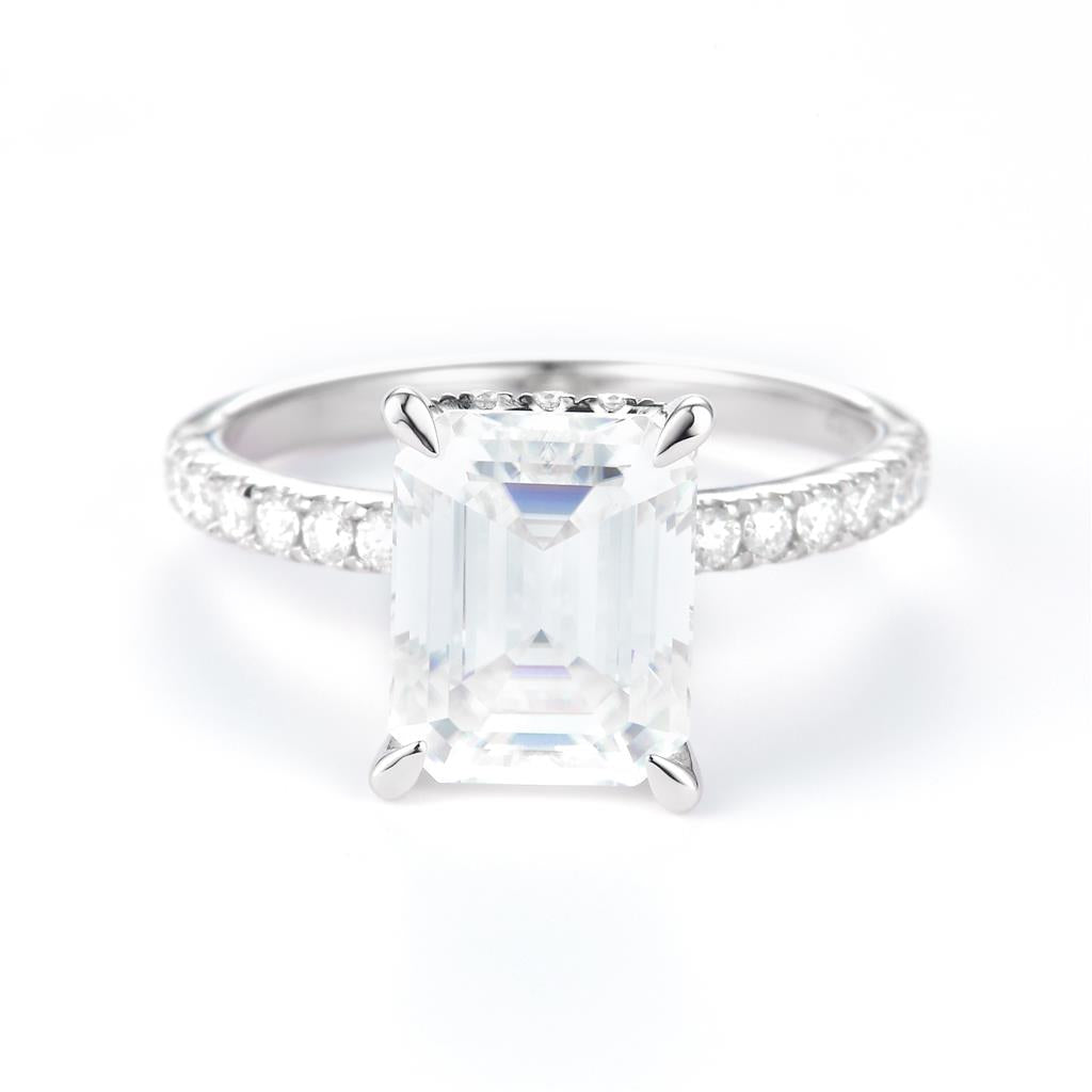 3.777 Ct. Moissanite Sterling Silver (White). Solitaire with Emerald Cut Center Stone Ring. (Women). Size 7.5