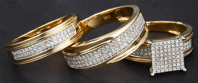 0.582 Ct. Diamond 10 Kt Gold (Yellow). Trio Set (Mens Band Size 10, Women Engag & Band) Wedding Set. Size 7.5