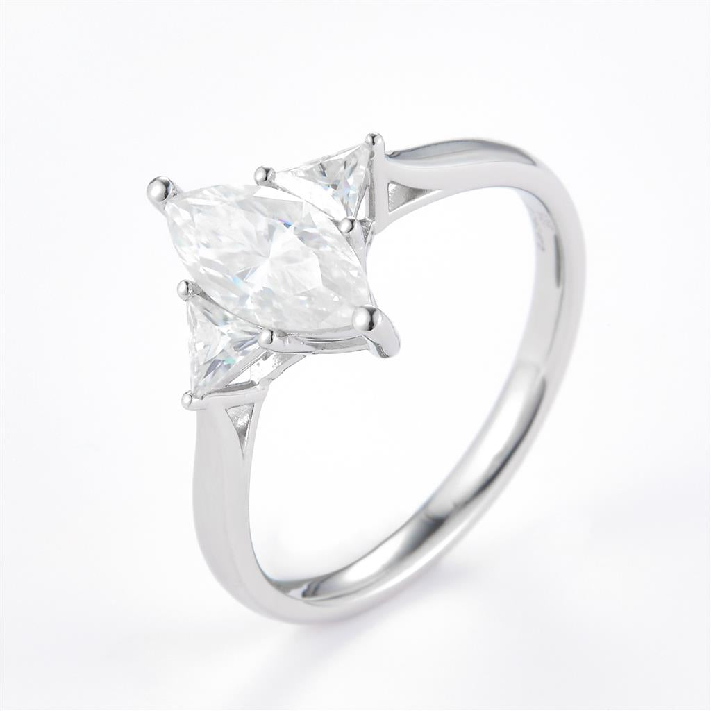 1.32 Ct. Moissanite Sterling Silver (White). 3-Stone Style with Marquise Cut Center & Trilliant Cut Side Stones Ring. (Women). Size 7.5