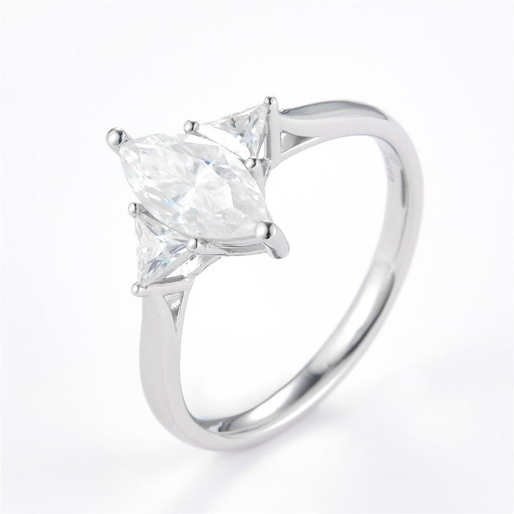 1.32 Ct. Moissanite Sterling Silver (White). 3-Stone Style with Marquise Cut Center & Trilliant Cut Side Stones Ring. (Women). Size 7.5