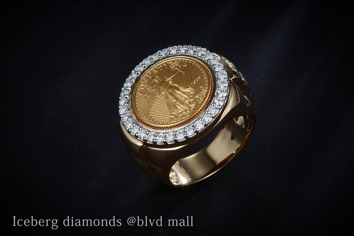1 Ct. Diamond 14 Kt Gold (Yellow). Lady Liberty American Gold Eagles Coin Face Ring. (Men). Size 10