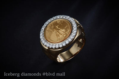 1 Ct. Diamond 14 Kt Gold (Yellow). Lady Liberty American Gold Eagles Coin Face Ring. (Men). Size 10