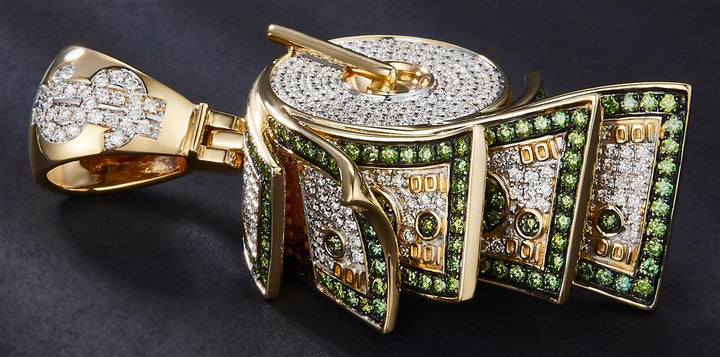 3.95 Ct. Diamond 10 Kt Gold (Yellow). Money Roll with Green Diamonds Pendant. (Men).