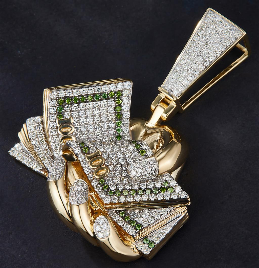 1.004 Ct. Diamond 10 Kt Gold (Yellow). Money in Hand with Green Diamonds Pendant. (Men).