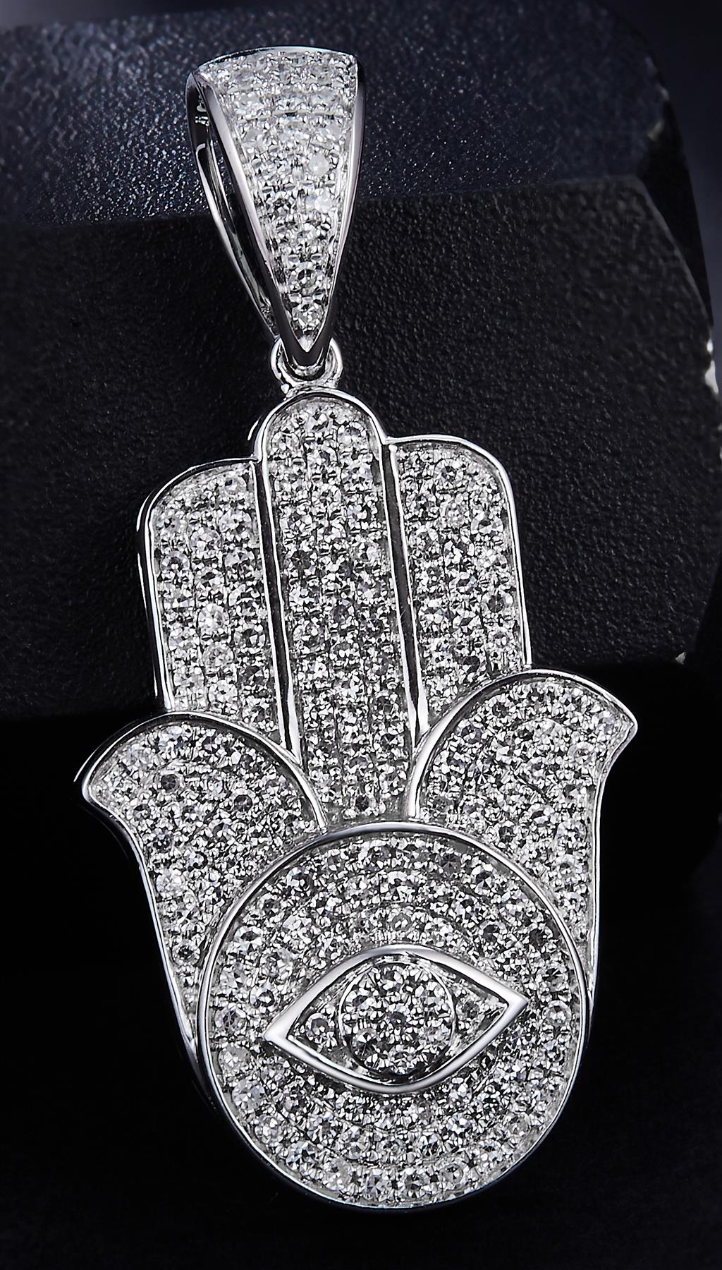 0.833 Ct. Diamond 10 Kt Gold (White). Khamsa Pendant. (Unisex).