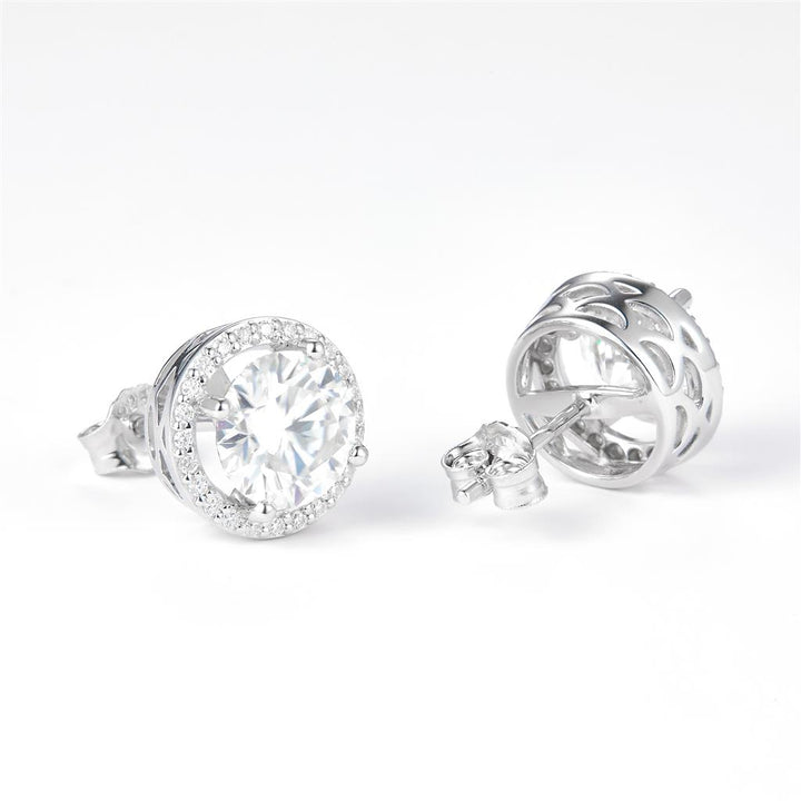 4.219 Ct. Moissanite Sterling Silver (White). Halo Style Solitaire Stud Earrings. (Women).