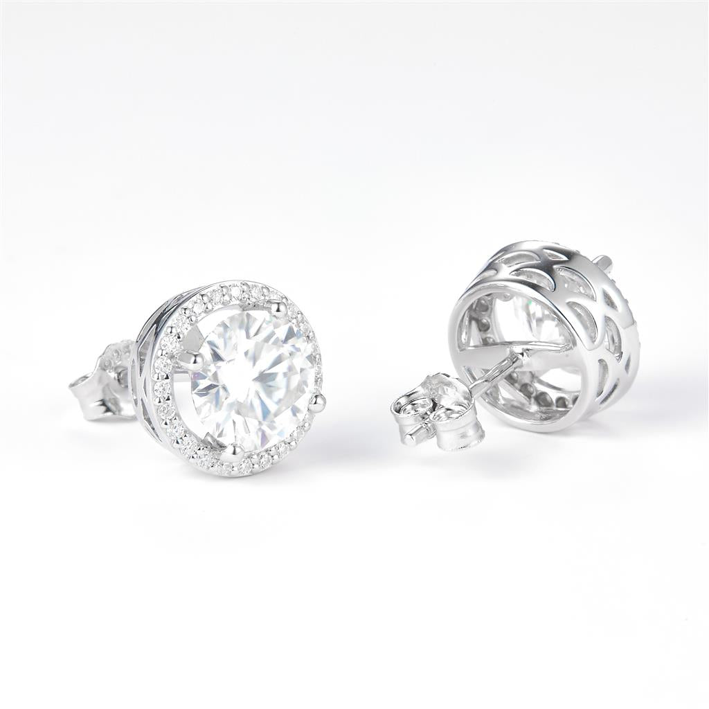 4.219 Ct. Moissanite Sterling Silver (White). Halo Style Solitaire Stud Earrings. (Women).