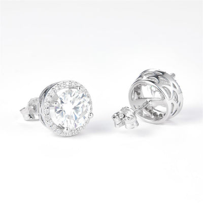 4.219 Ct. Moissanite Sterling Silver (White). Halo Style Solitaire Stud Earrings. (Women).