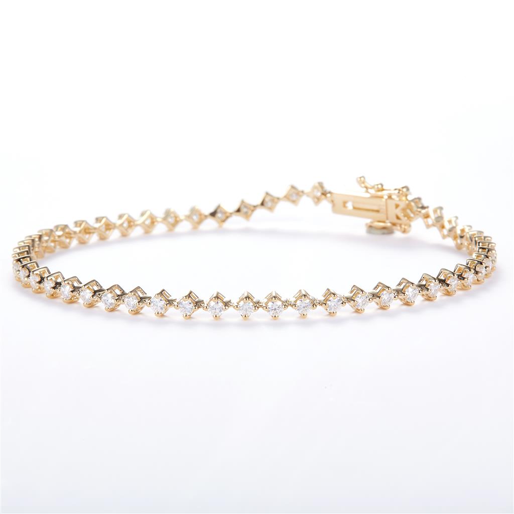 1.66 Ct. Moissanite 14 Kt Gold (Yellow). Tennis Diamond Shape-Style Bracelet. (Women). 7 in Long. 3 mm Wide