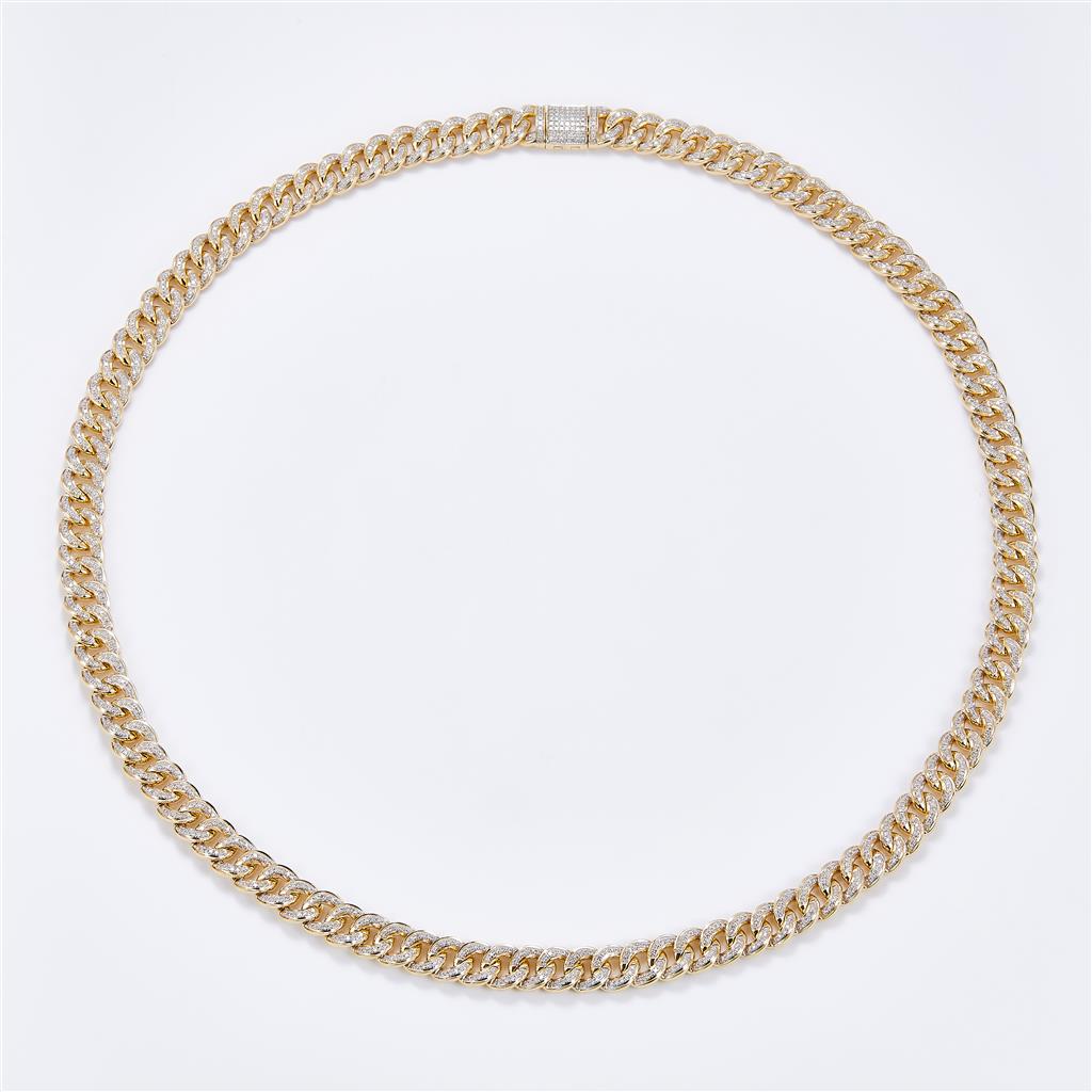 7.44 Ct. Diamond 10 Kt Gold (Yellow). Semi-Solid Cuban Link Chain. (Unisex). 24 in Long. 9.5 mm Wide