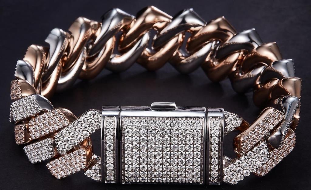 14.69 Ct. Diamond 14 Kt Gold (Yellow). Solid Square Cuban Link Bracelet. (Men). 8.5 in Long. 18 mm Wide