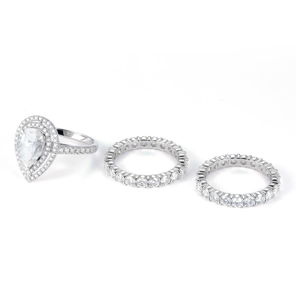 7.348 Ct. Moissanite Sterling Silver (White). Wedding Trio Set with Pear Shape Center Stone Ring. (Women). Size 7.5