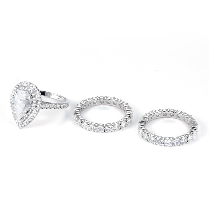 7.348 Ct. Moissanite Sterling Silver (White). Wedding Trio Set with Pear Shape Center Stone Ring. (Women). Size 7.5