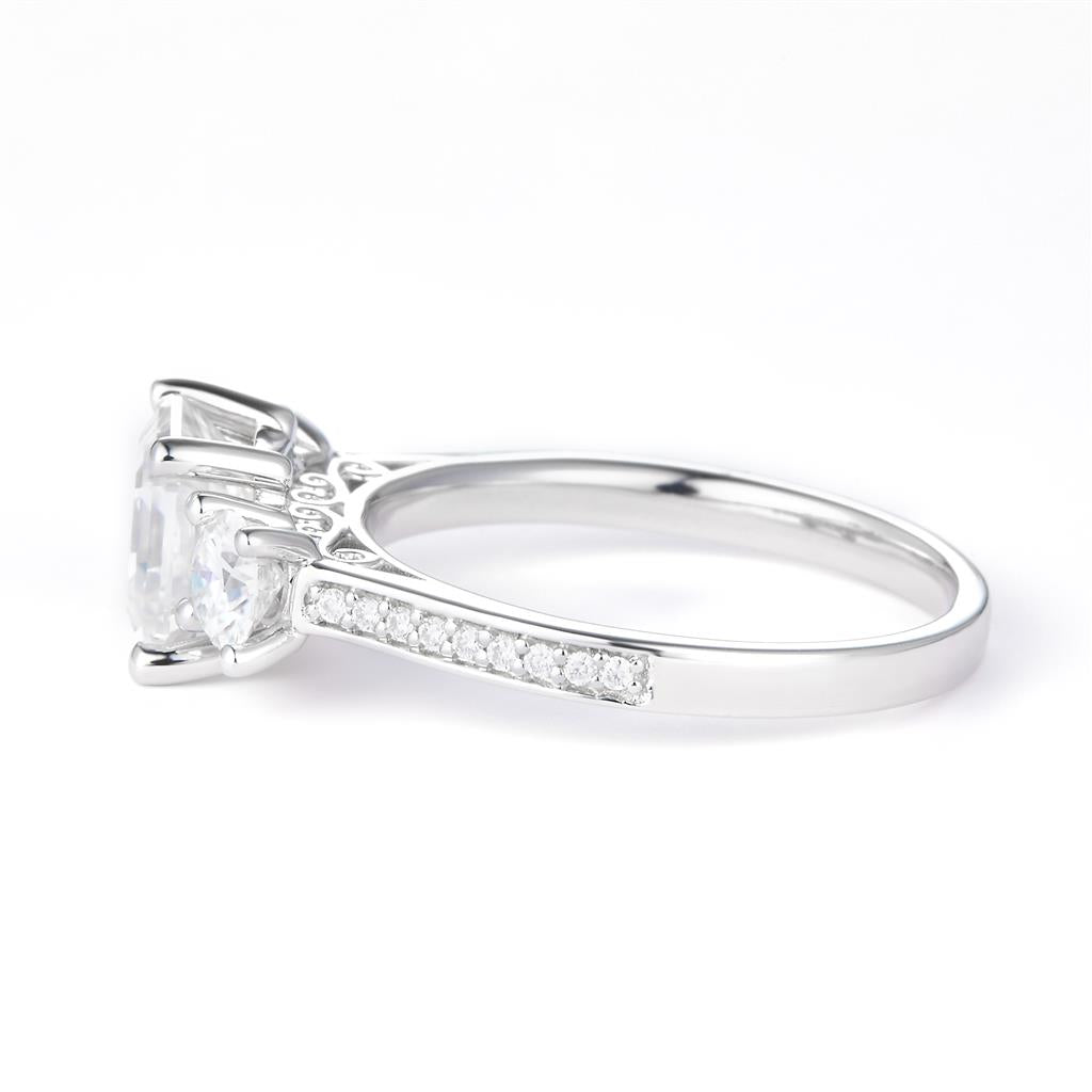 2.7 Ct. Moissanite Sterling Silver (White). 3-Stone Style with Asscher Cut Center Stone Ring. (Women). Size 7.5