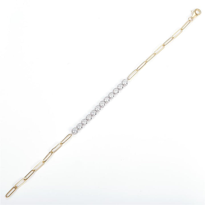 1.16 Ct. Moissanite 14 Kt Gold (Yellow and White). Paper Clip Link-Tennis Bracelet. (Women). 7 in Long. 3.6 mm Wide