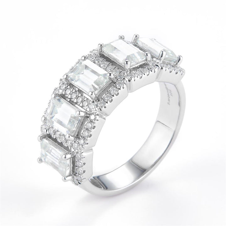 3.36 Ct. Moissanite Sterling Silver (White). Wedding Band with Emerald Cut Stones Ring. (Women). Size 7.5