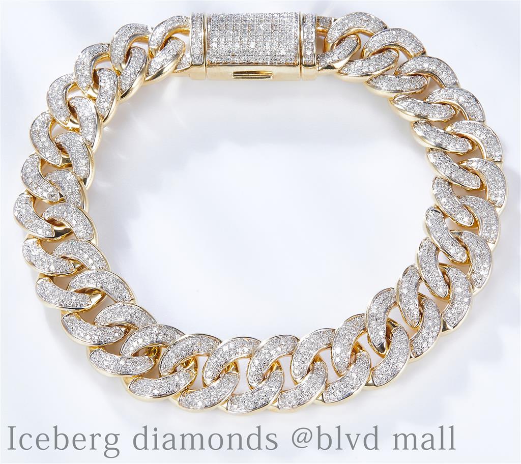 3.58 Ct. Diamond 10 Kt Gold (Yellow). Semi-Solid Cuban Link Bracelet. (Men). 8 in Long. 12.5 mm Wide