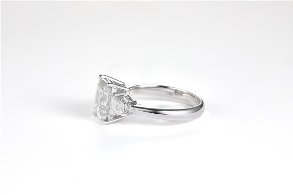 3.15 Ct. Moissanite 14 Kt Gold (White). with Emerald Cut Center Stone Ring. (Women). Size 7.5