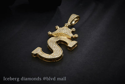 1.132 Ct. Diamond 10 Kt Gold (Yellow). Initial Letter (Alphabet) S with Crown Pendant. (Unisex).