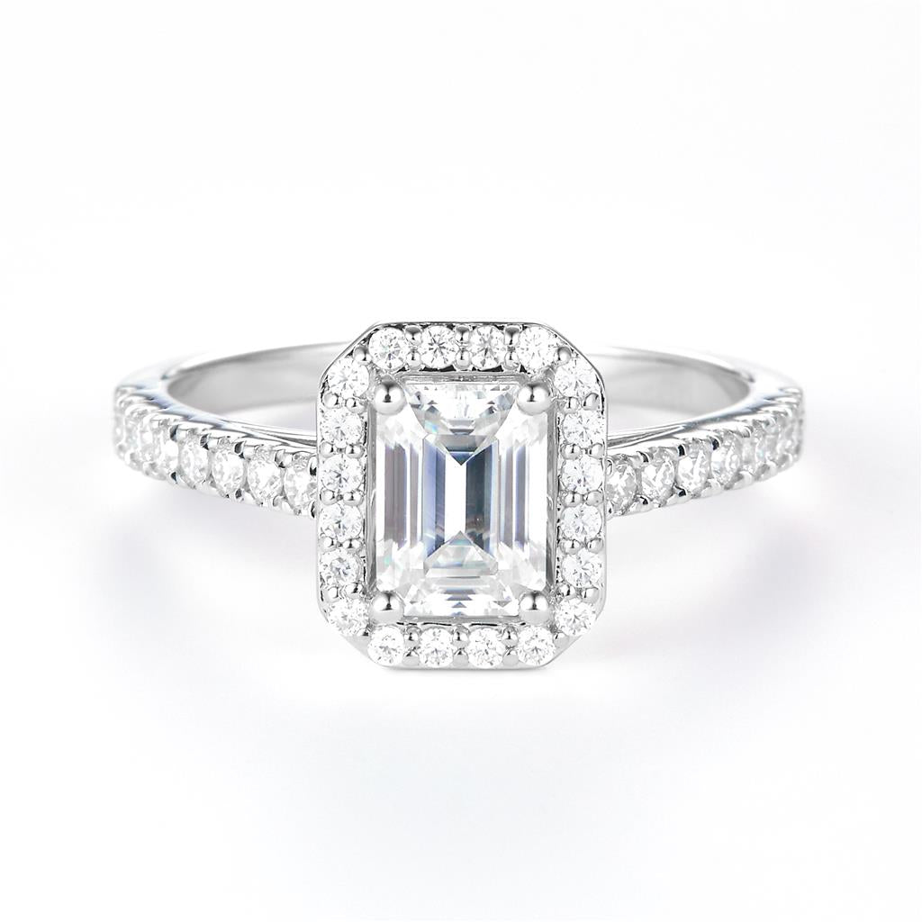 1.35 Ct. Moissanite Sterling Silver (White). Halo Design Solitaire with Emerald Cut Center Stone Ring. (Women). Size 7.5