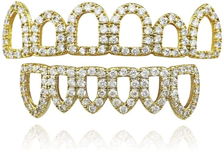 Moissanite Open Face Silver Grillz Fangs w / Iced Out Bar