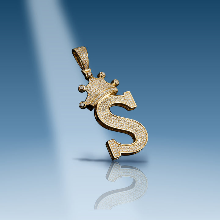 Yellow gold diamond initial letter S with crown pendant