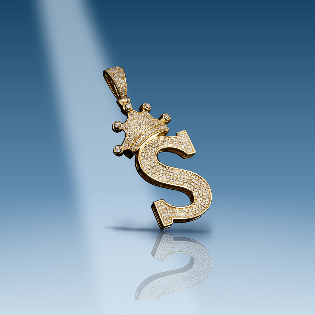 Yellow gold diamond initial letter S with crown pendant