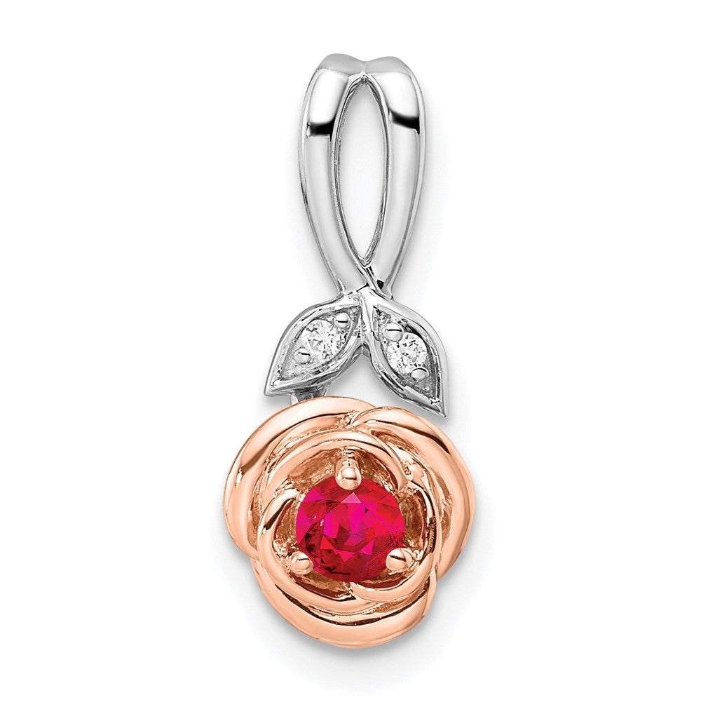 14K Two-tone White & Rose Ruby and Diamond Flower Pendant