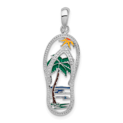Sterling Silver Rhodium-plated Enameled Palm Tree Flip-flop Pendant