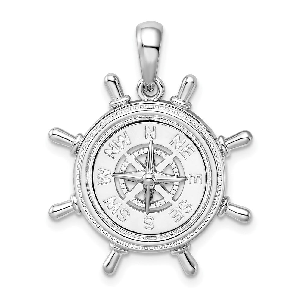 Sterling Silver Rhodium-plated Polished Ships Wheel w/Compass Pendant