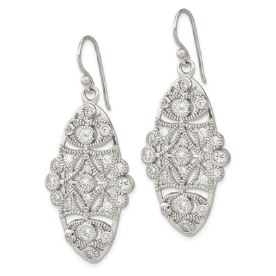 Sterling Silver Polished Fancy CZ Dangle Shephard Hook Earrings