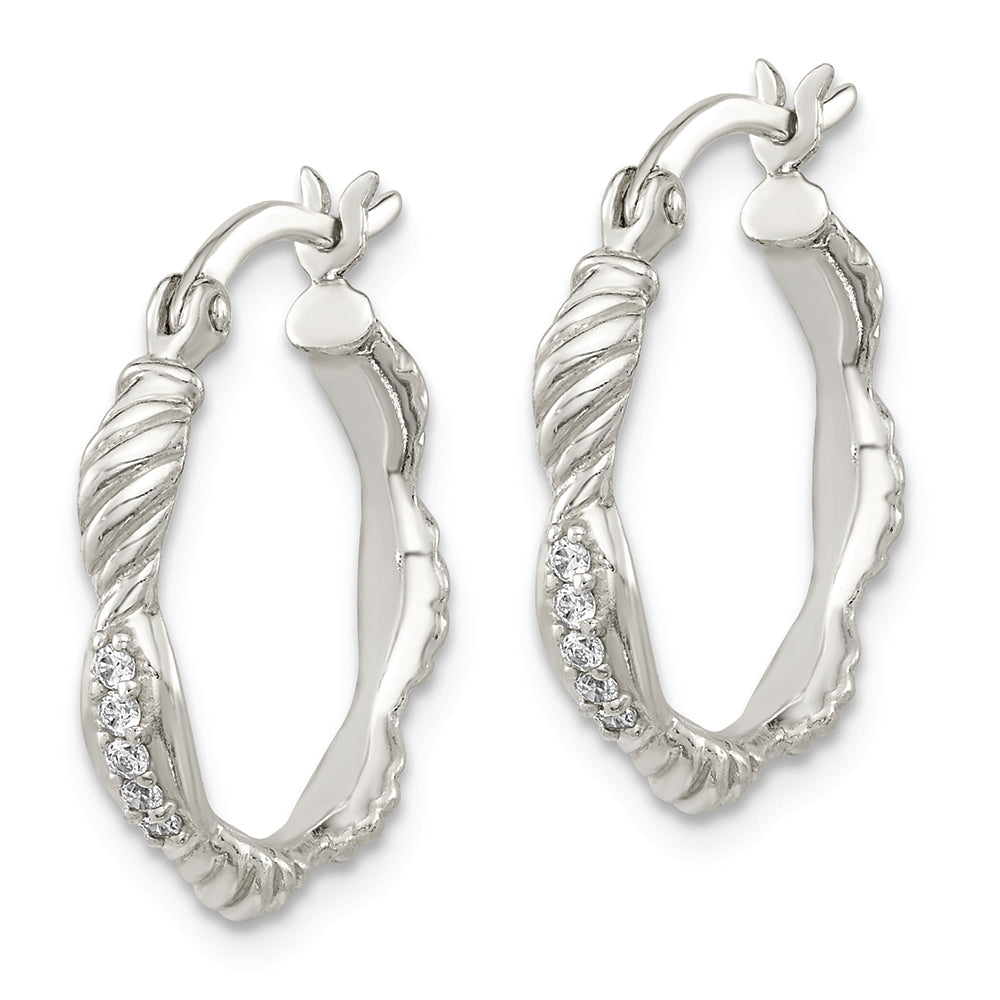 Sterling Silver Polished CZ and Textured Hoop Earrings