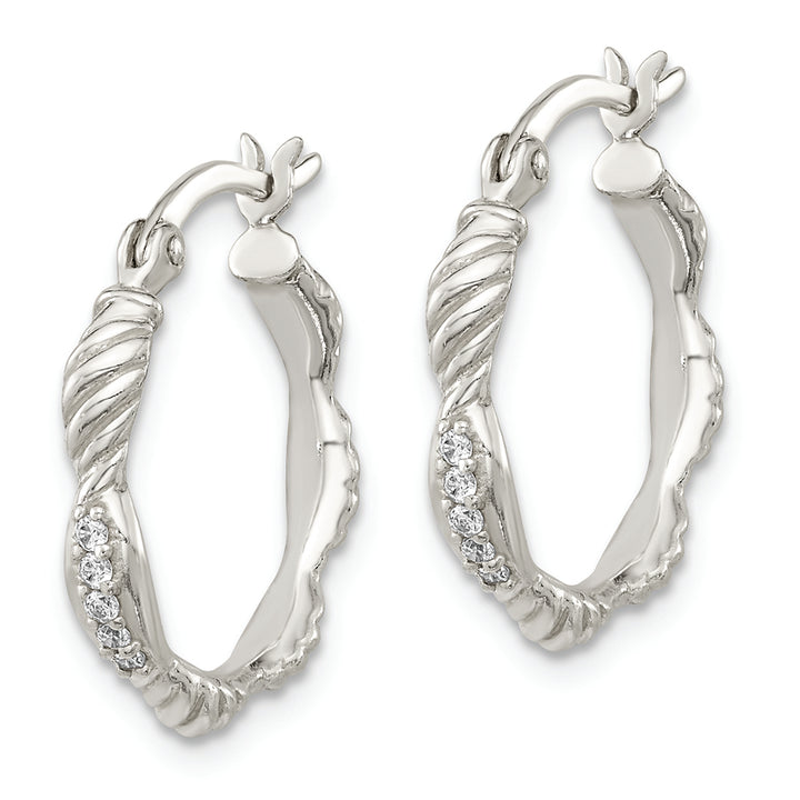 Sterling Silver Polished CZ and Textured Hoop Earrings