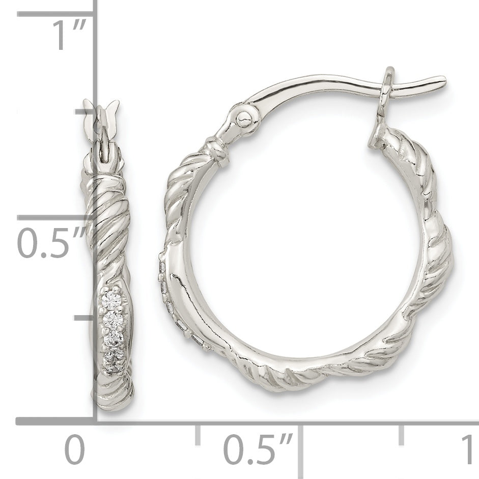 Sterling Silver Polished CZ and Textured Hoop Earrings