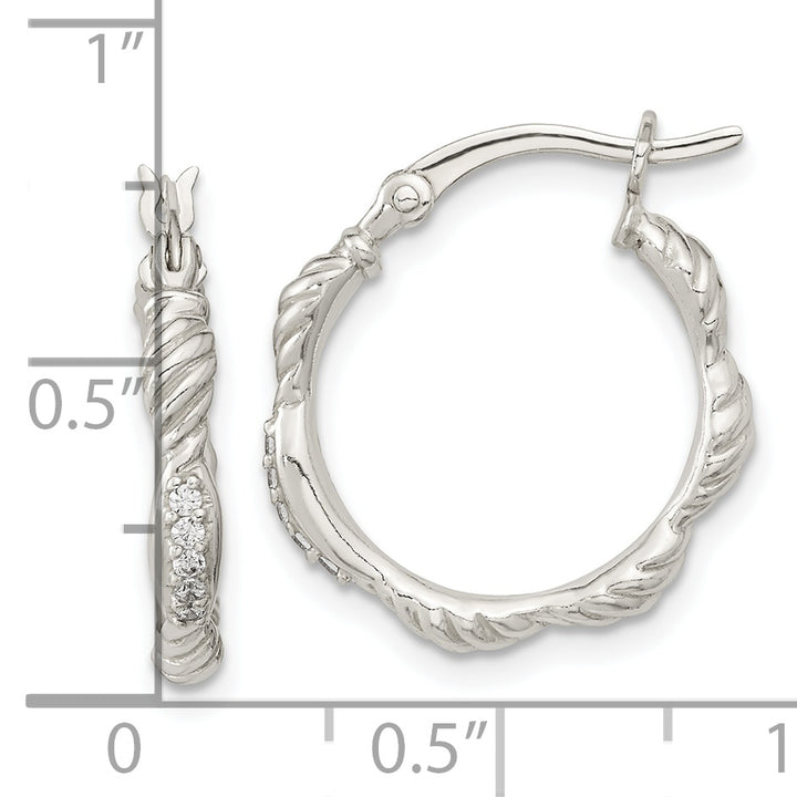 Sterling Silver Polished CZ and Textured Hoop Earrings