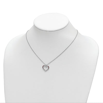 Sterling Silver Rhodium Plated Red Enamel Heart w/1 in Ext Necklace