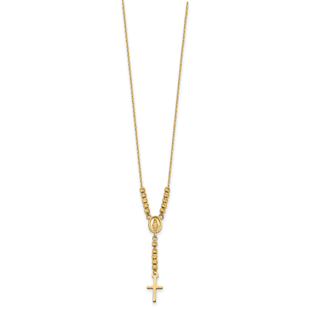 14K Polished D/C Bead Miraculous Medal and Cross 17in Necklace