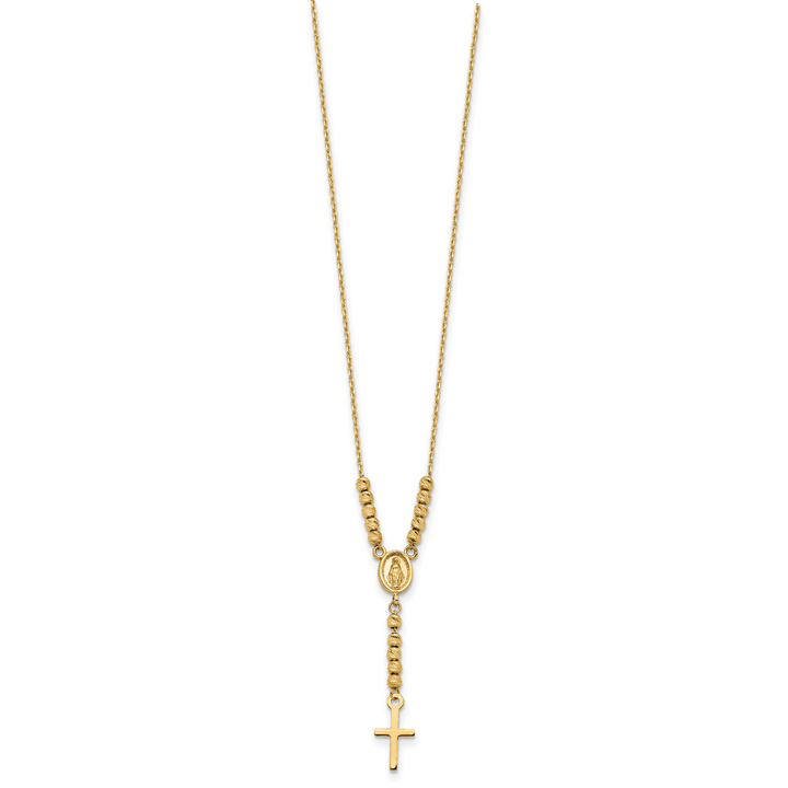 14K Polished D/C Bead Miraculous Medal and Cross 17in Necklace