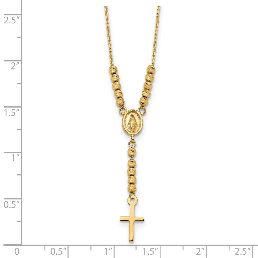 14K Polished D/C Bead Miraculous Medal and Cross 17in Necklace